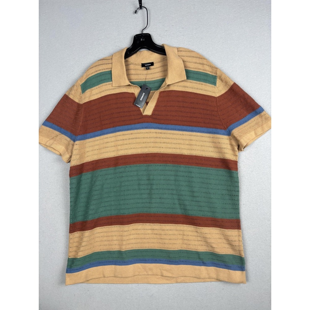 Express Polo Shirt Mens XL Multicolor Striped 100% Cotton Knit Open Weave